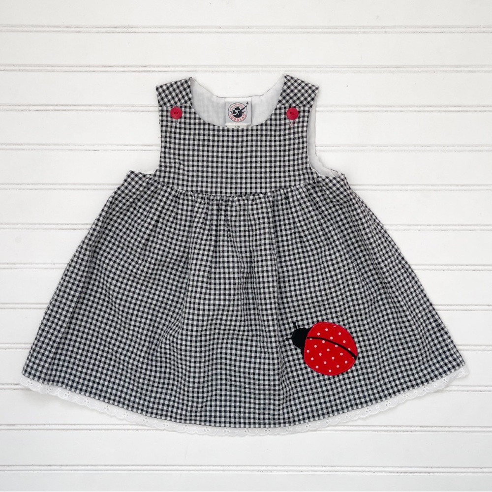 VINTAGE 80s 90s EUC Gingham Seersucker Ladybug Appliqué Dress